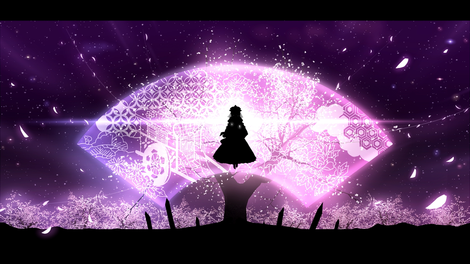 cherry_blossoms, dress, flowers, hat, minust, night, petals, saigyouji_yuyuko, silhouette, sky, stars, touhou, tree