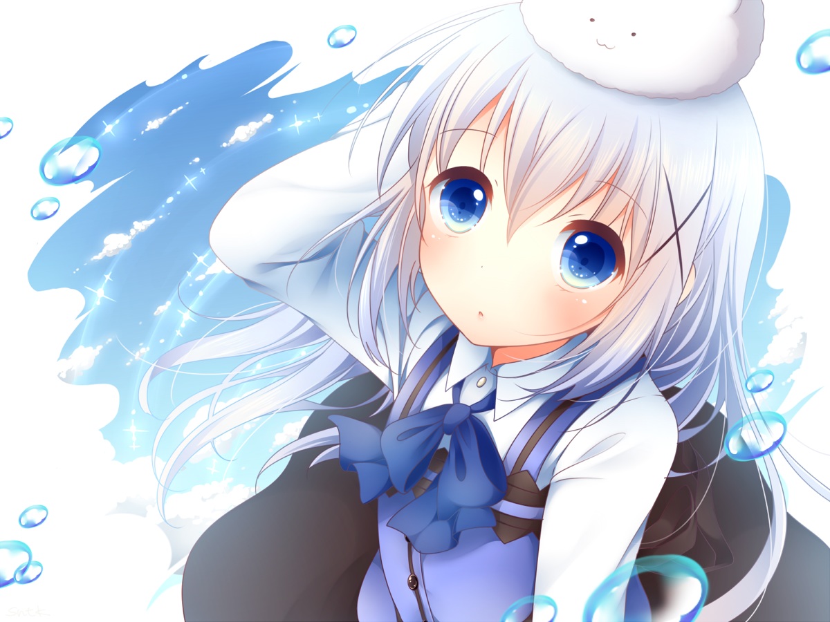 aqua_eyes, gochuumon_wa_usagi_desu_ka?, kafuu_chino, sanotsuki, tippy_(gochiusa), uniform, white_hair
