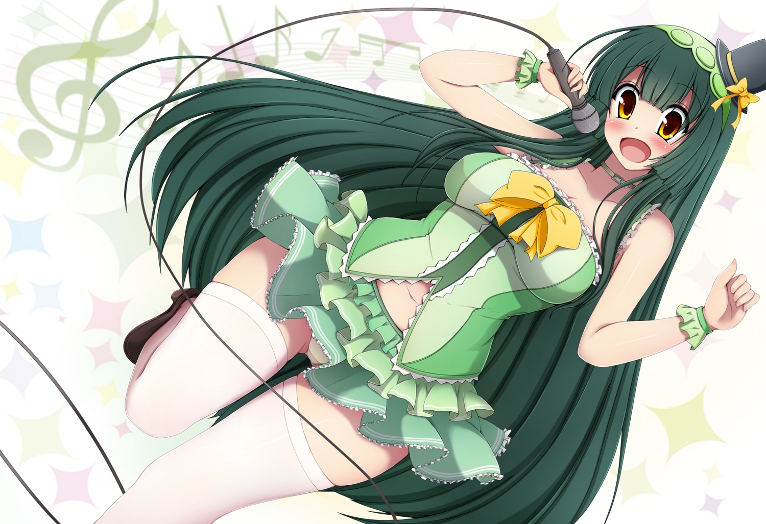 bow, dress, green_hair, hat, long_hair, microphone, panties, thighhighs