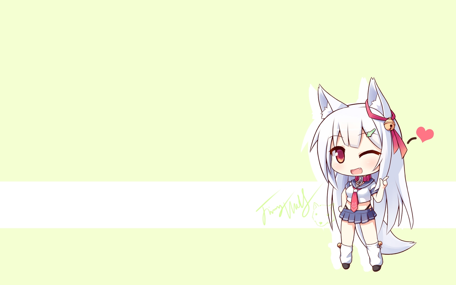 animal_ears, chibi, collar, fang, foxgirl, langbazi, long_hair, original