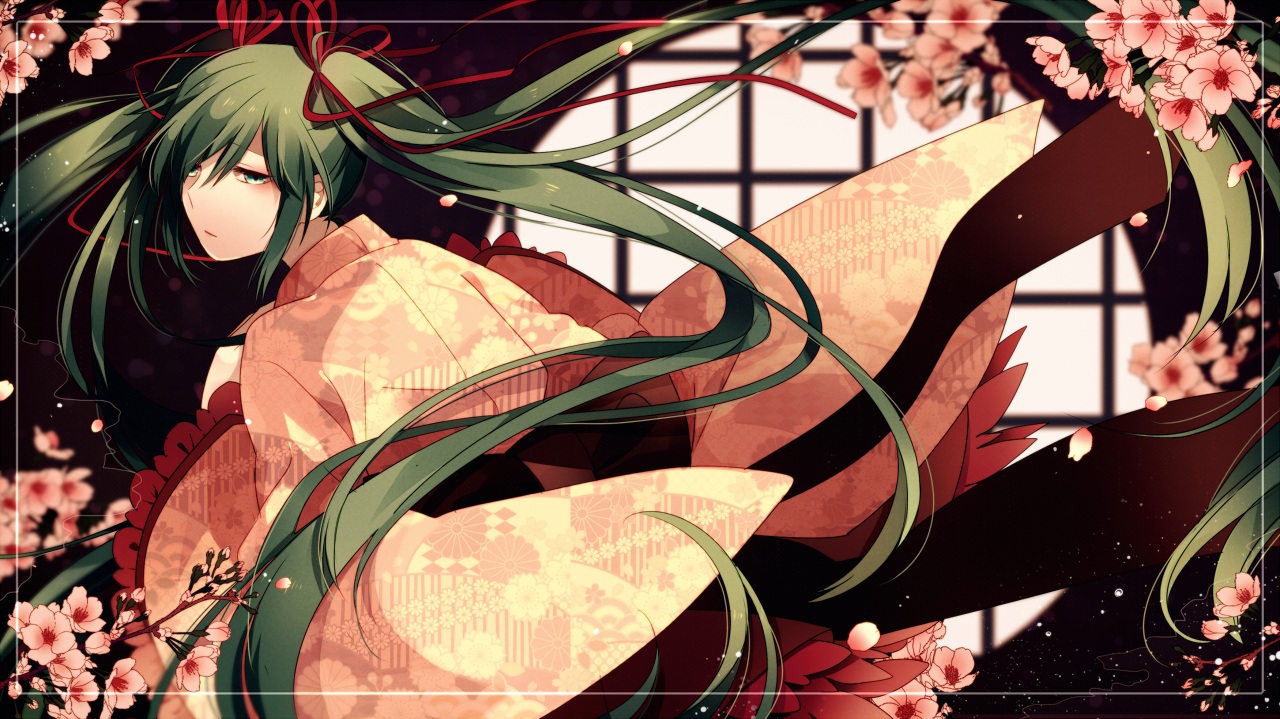 cherry_blossoms, flowers, green_eyes, green_hair, hatsune_miku, japanese_clothes, kimono, long_hair, twintails, vocaloid, yori_(y_rsy)