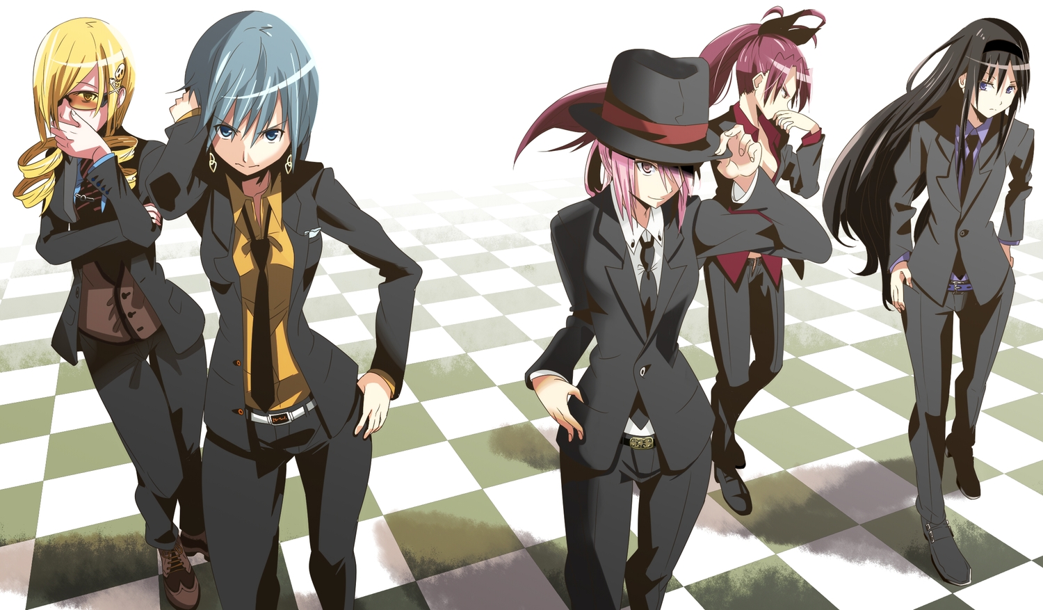akemi_homura, black_hair, blonde_hair, blue_eyes, blue_hair, hat, kaname_madoka, mahou_shoujo_madoka_magica, miki_sayaka, okuba, pink_eyes, pink_hair, red_eyes, red_hair, sakura_kyouko, suit, sunglasses, tie, tomoe_mami, yellow_eyes