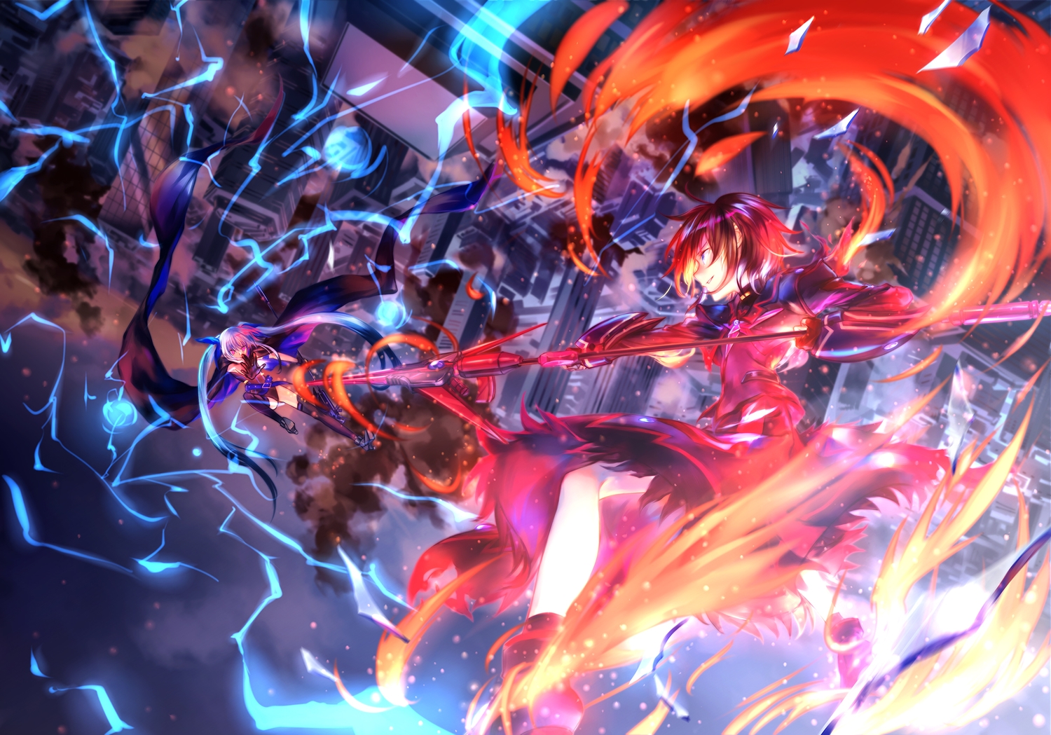 azmodan, blue_hair, bodysuit, building, city, dress, levi_russell, magic, mahou_shoujo_lyrical_nanoha, pink_eyes, red_hair, stern_starks, thighhighs, twintails, weapon, white_hair