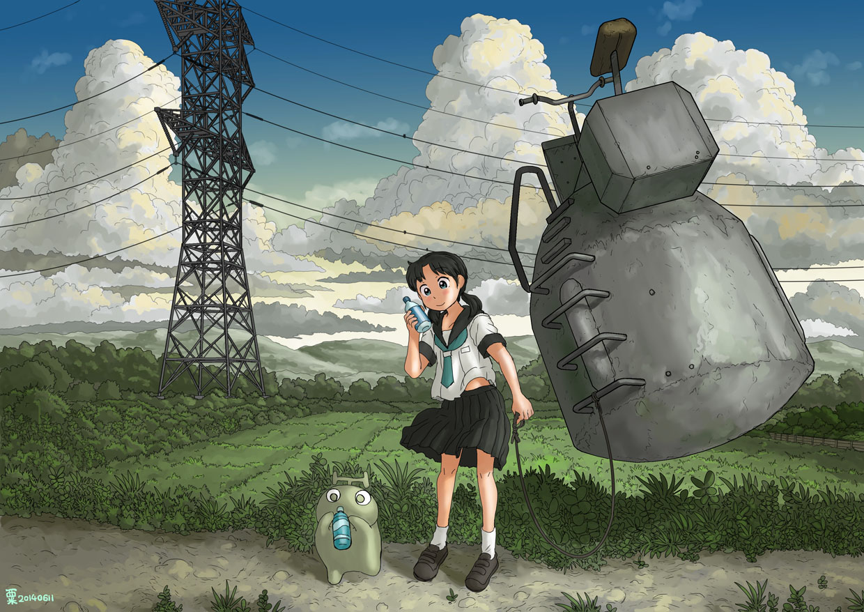 animal, awatake_takahiro, black_hair, blue_eyes, clouds, grass, original, school_uniform, signed, sky, twintails