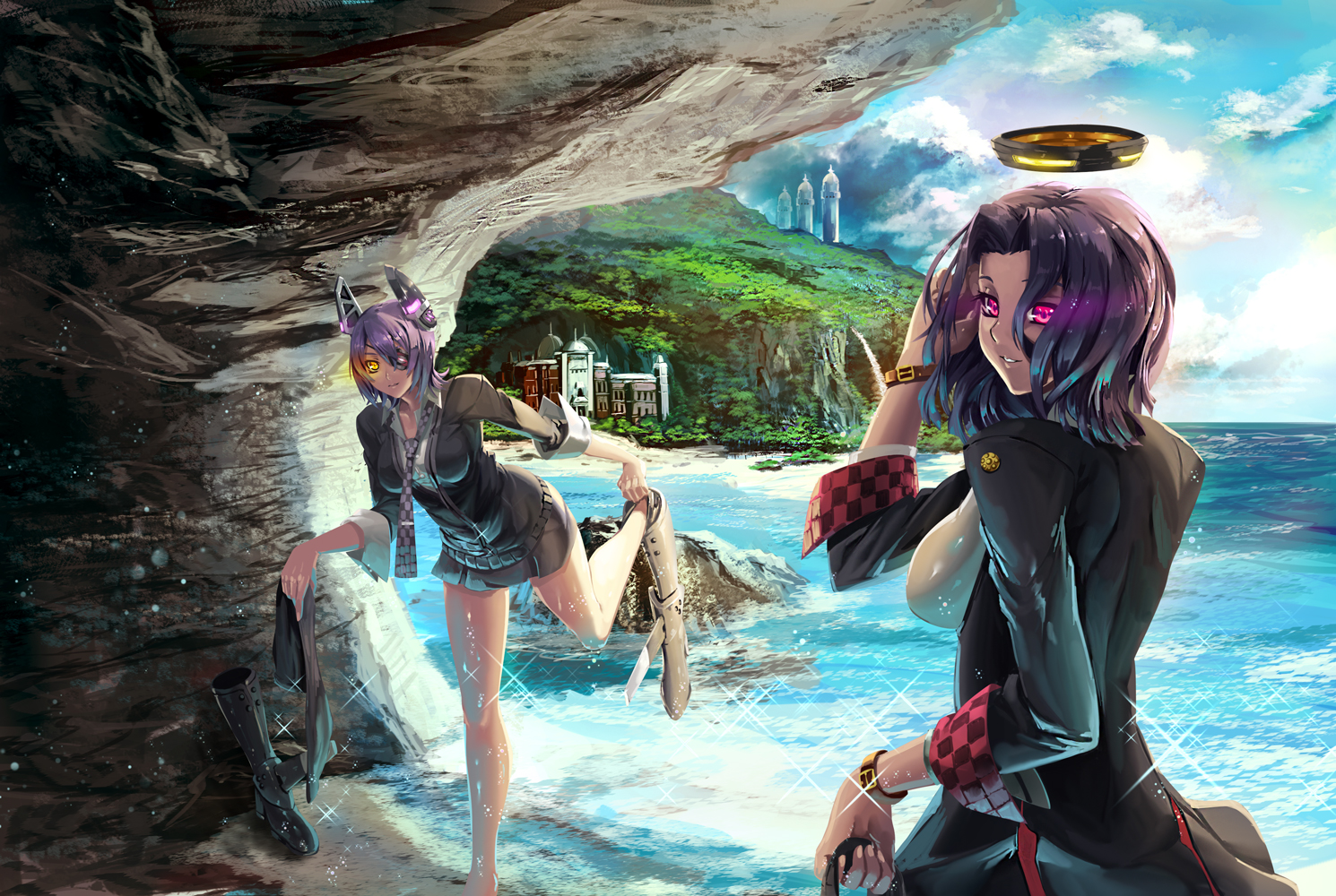 2girls, anthropomorphism, boots, building, clouds, eyepatch, halo, headdress, kantai_collection, pink_eyes, purple_hair, short_hair, skirt, tatsuta_(kancolle), tenryuu_(kancolle), tie, water, wet, wristwear, yellow_eyes, yoshimoto_(dear_life)
