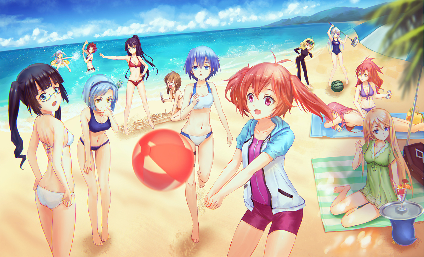 akuma_no_riddle, azuma_tokaku, ball, banba_mahiru, beach, bikini, group, hanabusa_sumireko