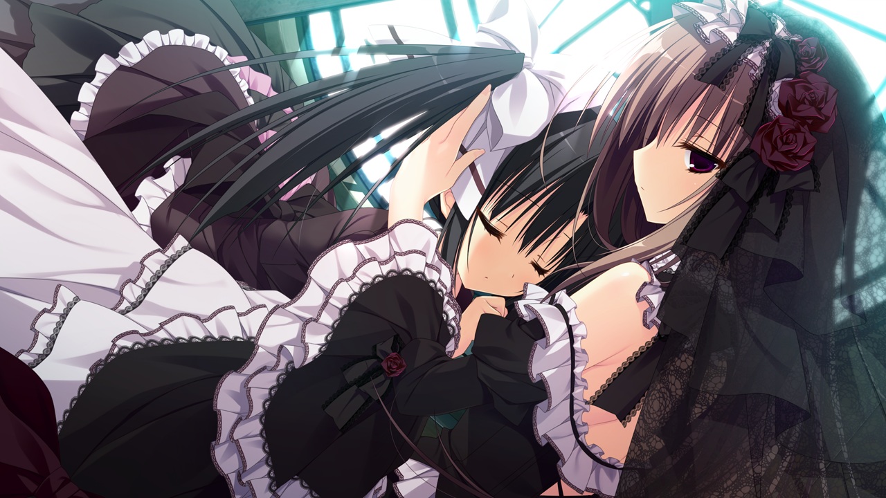 2girls, black_hair, brown_hair, dress, fujita_konron, game_cg, inugami_kira, katou_ren