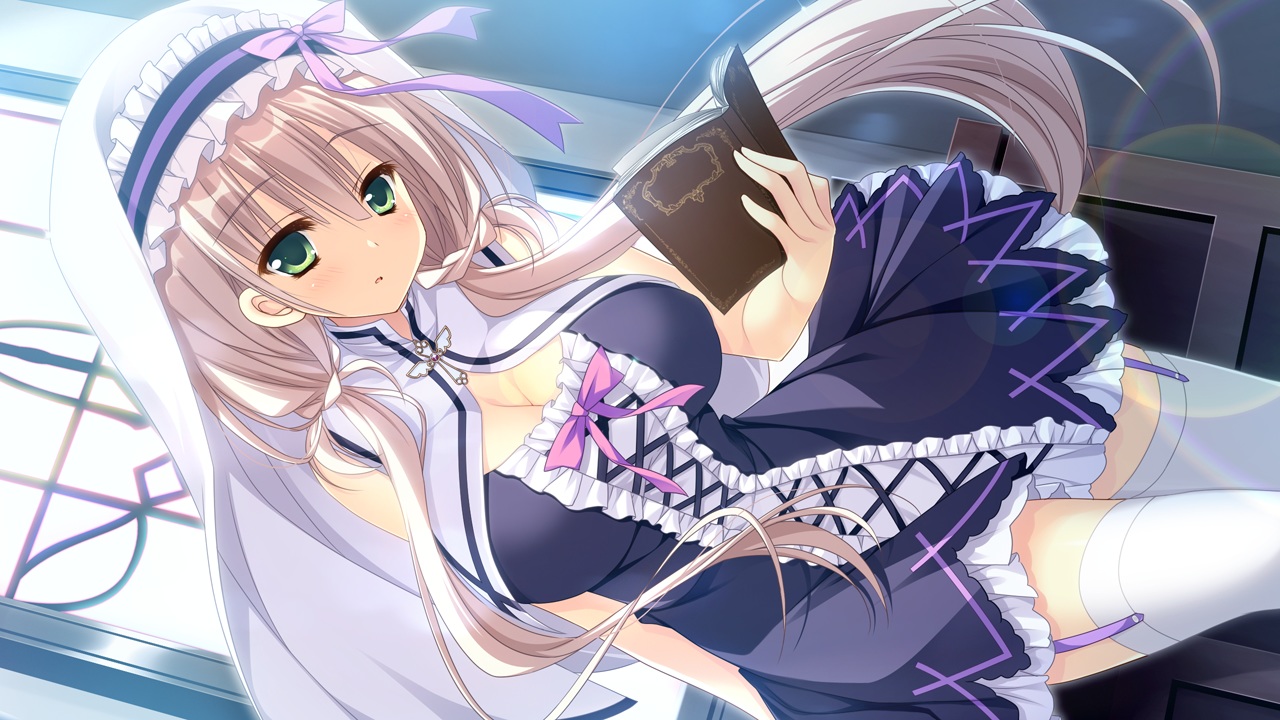 book, dress, game_cg, green_eyes, inugami_kira, long_hair, majo_koi_nikki, qoobrand