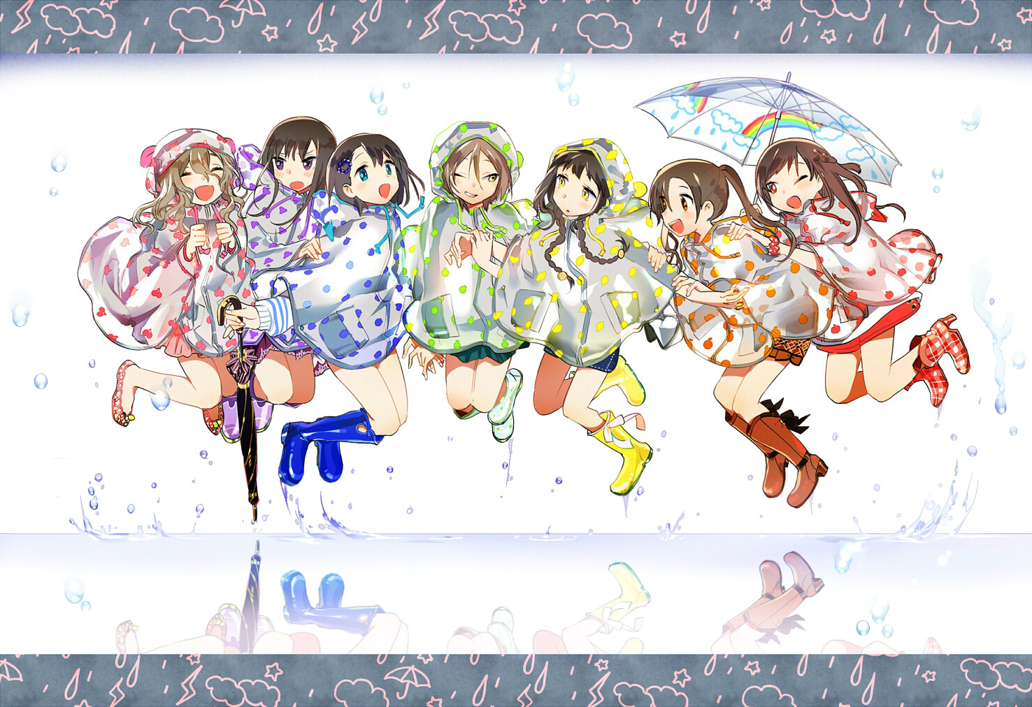 boots, braids, brown_hair, dotaku, original, skirt, umbrella, water, wink