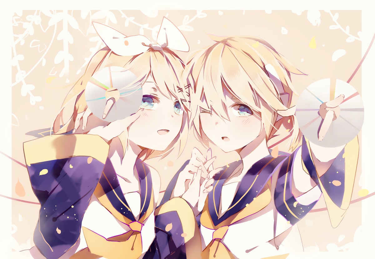 blonde_hair, blue_eyes, bow, kagamine_len, kagamine_rin, male, pudding_(8008208820), school_uniform