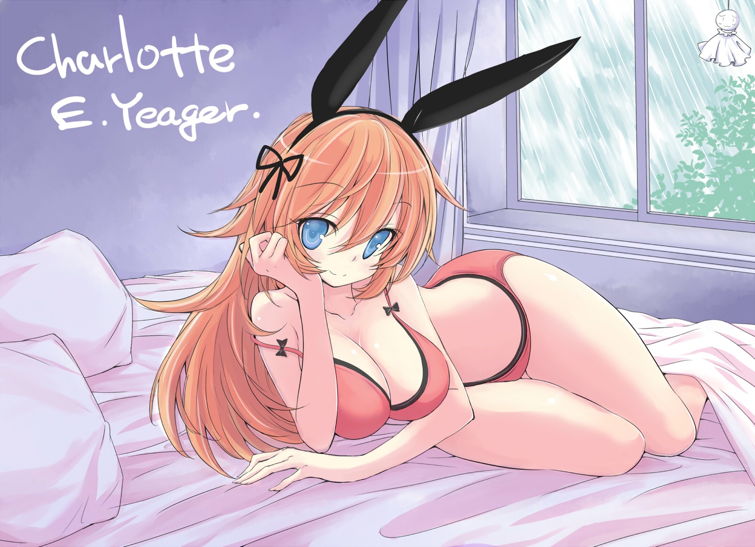 bed, bikini, blue_eyes, bow, breasts, charlotte_e_yeager, cleavage, headband, kumakou, long_hair, orange_hair, ribbons, strike_witches, swimsuit