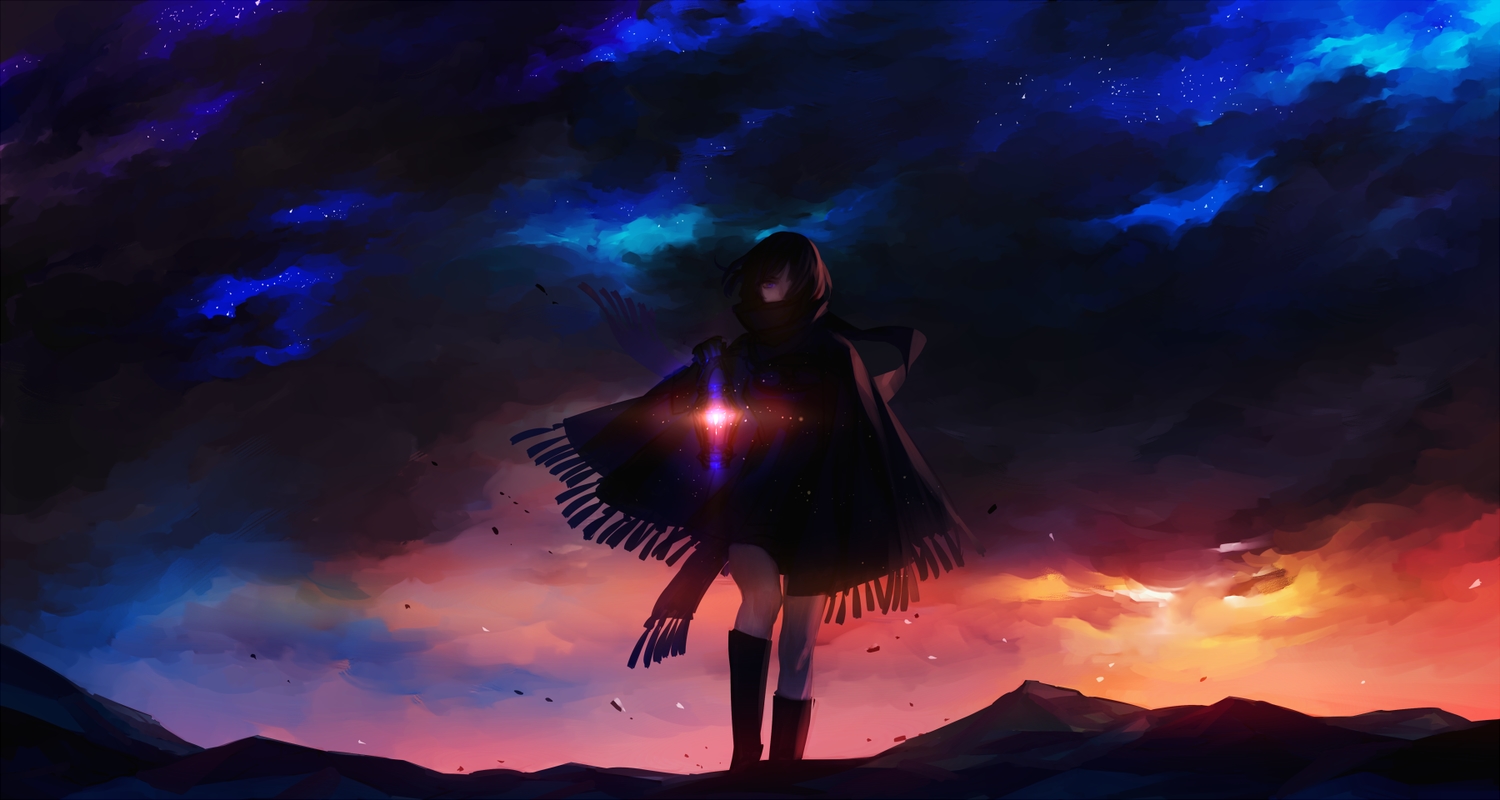 black_hair, boots, clouds, kazari_tayu, kneehighs, original, purple_eyes, scarf, scenic, short_hair, sky