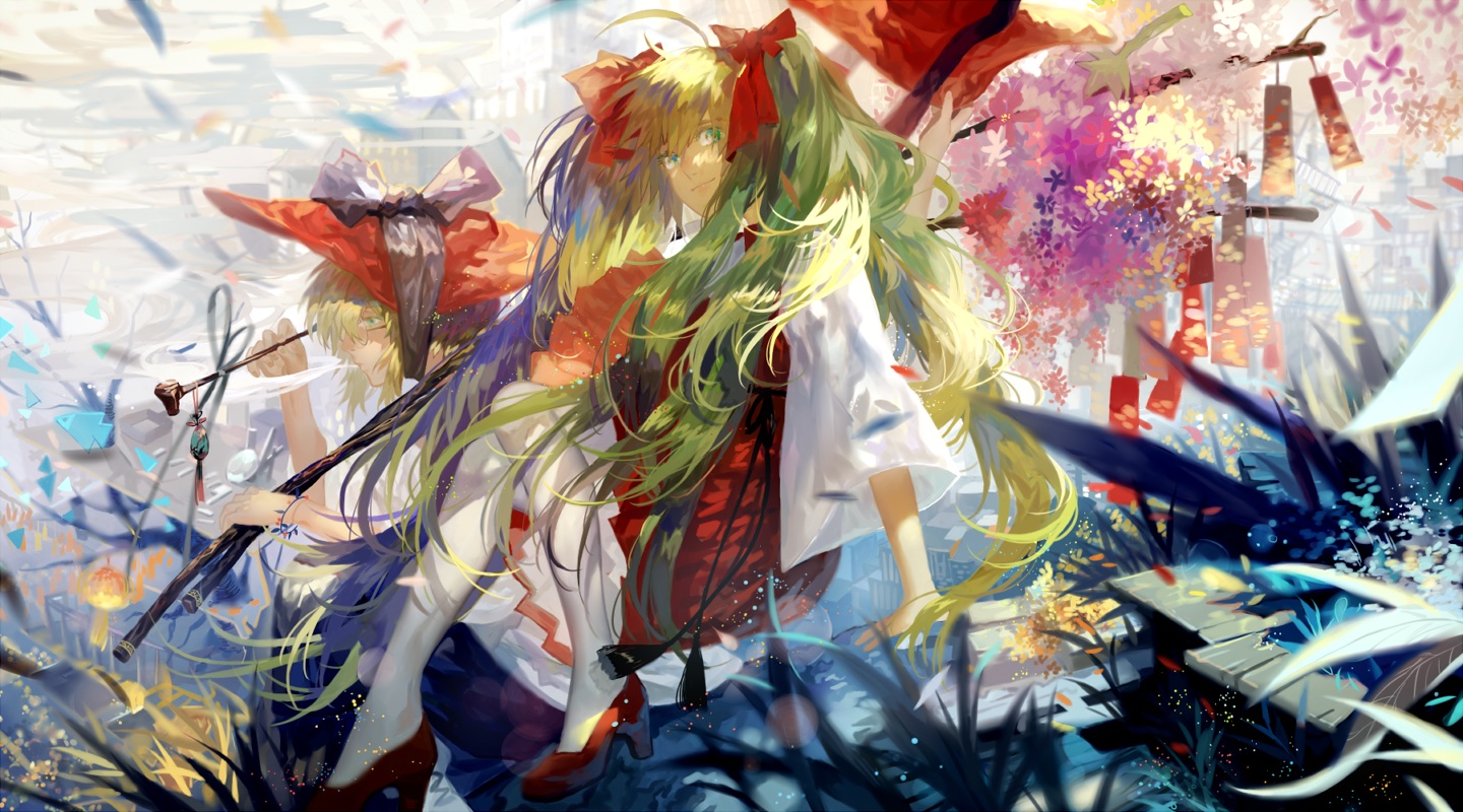 2girls, animal, blonde_hair, bow, fish, glasses, green_eyes, green_hair
