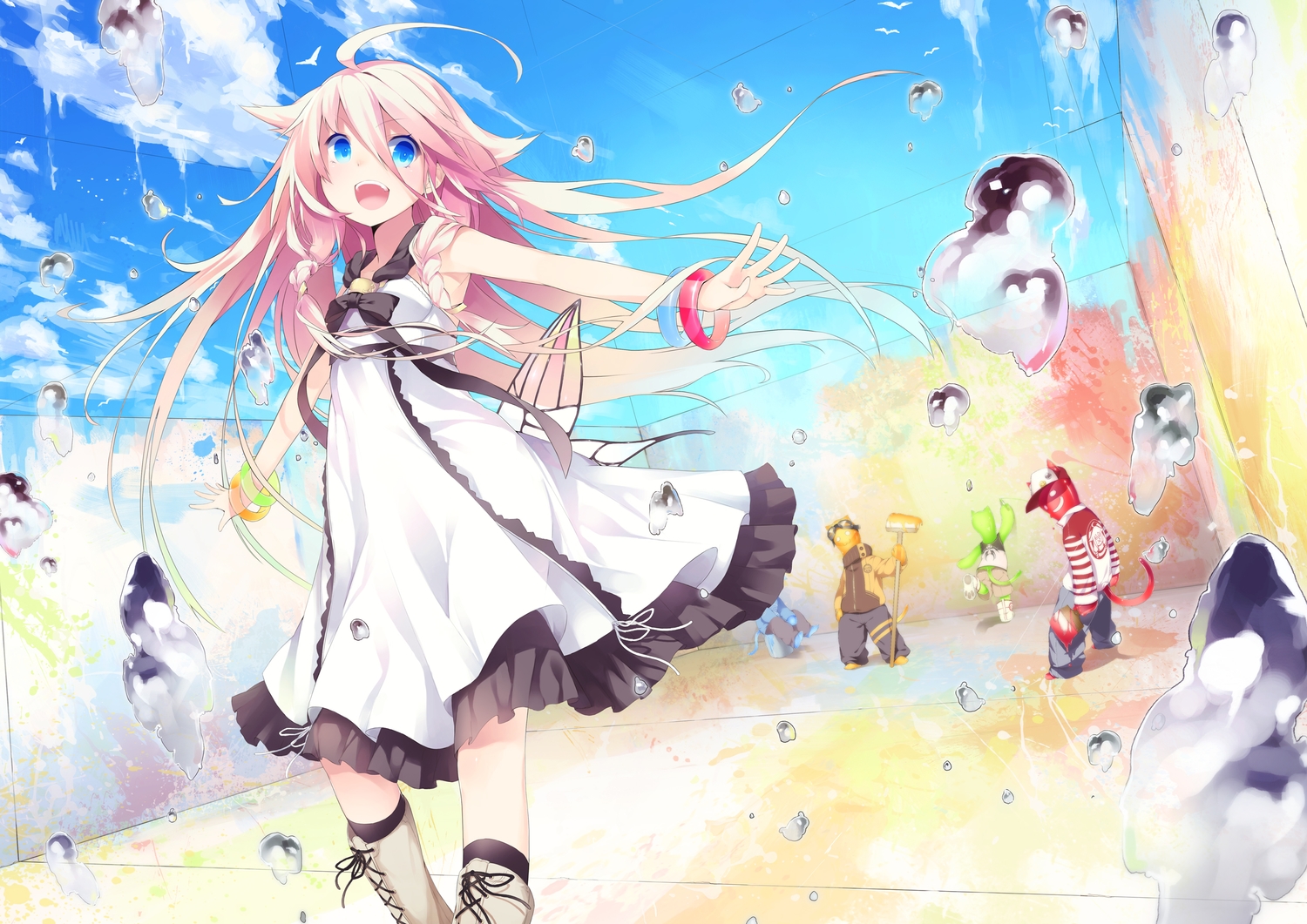blue_eyes, braids, dress, ia, itsuwa_(lethal-kemomimi), long_hair, vocaloid, water