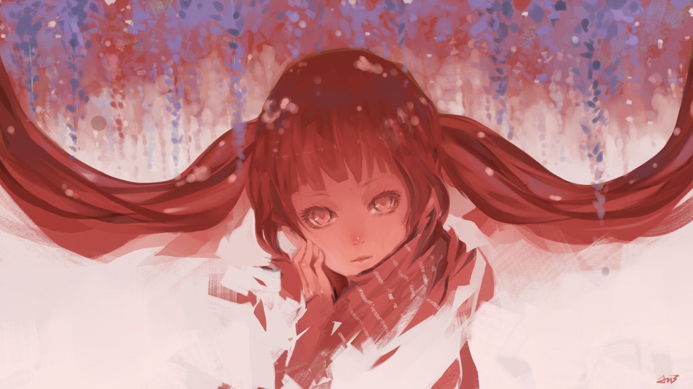 jn3, long_hair, original, red_eyes, red_hair, scarf, twintails