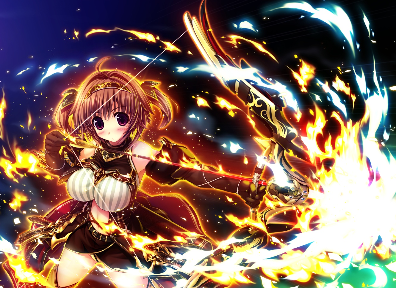 blush, bow_(weapon), breasts, brown_hair, cape, elbow_gloves, fire, gloves