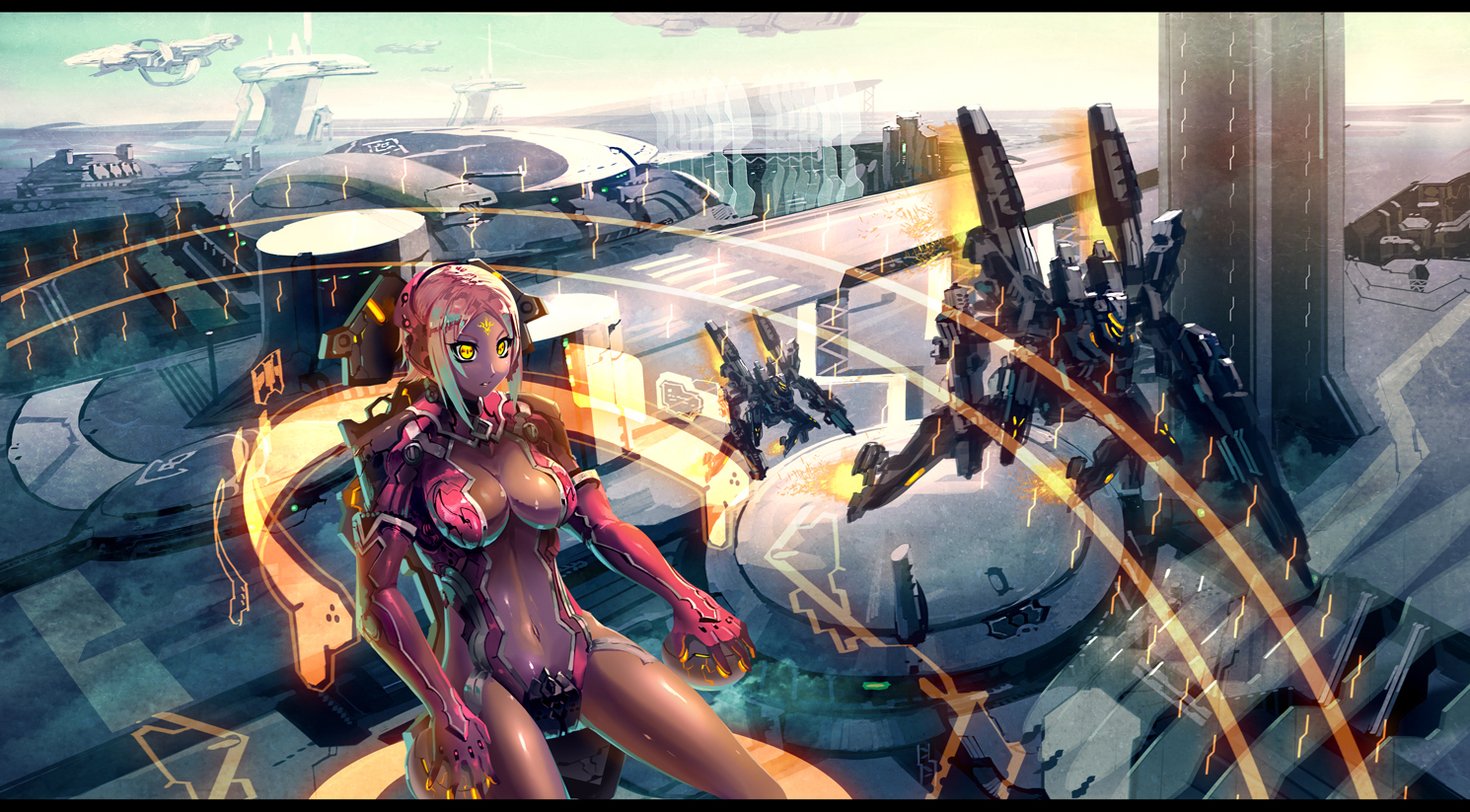 aircraft, bodysuit, breasts, cleavage, mecha, original, pink_hair, skintight, yellow_eyes, yoshimoto_(dear_life)