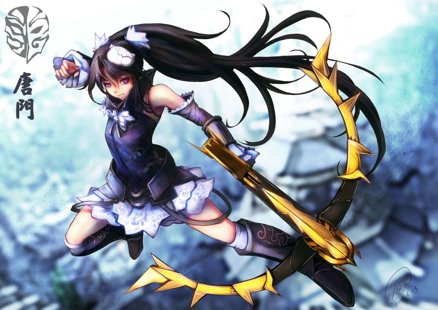black_hair, boots, kneehighs, long_hair, original, pink_eyes, shou_mai, signed