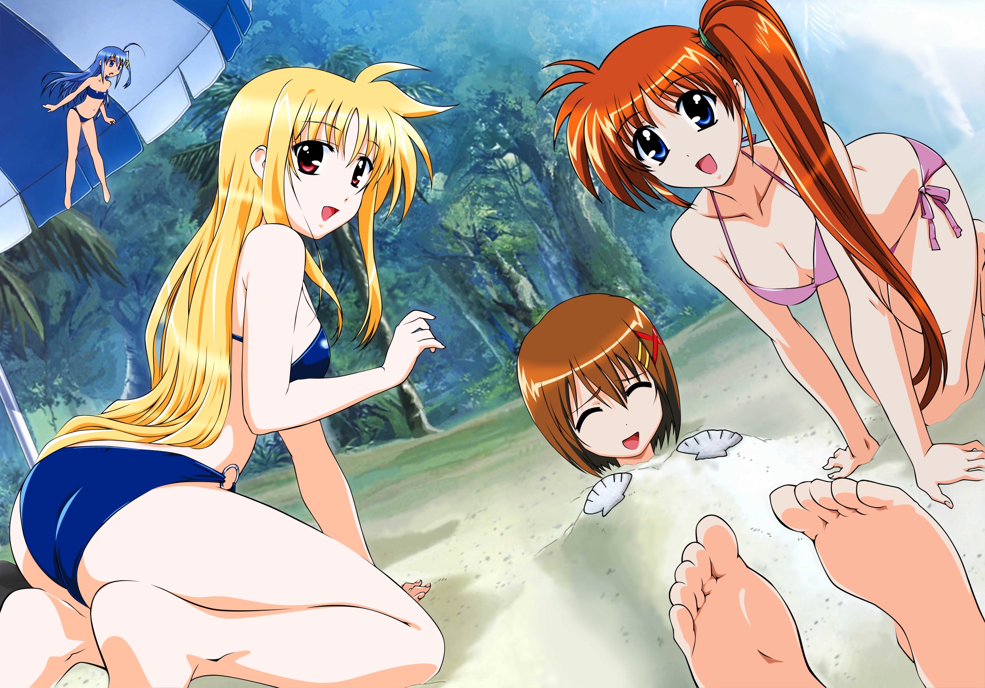 bikini, fate_testarossa, mahou_shoujo_lyrical_nanoha, mahou_shoujo_lyrical_nanoha_strikers, reinforce_zwei, swimsuit, takamachi_nanoha, umbrella