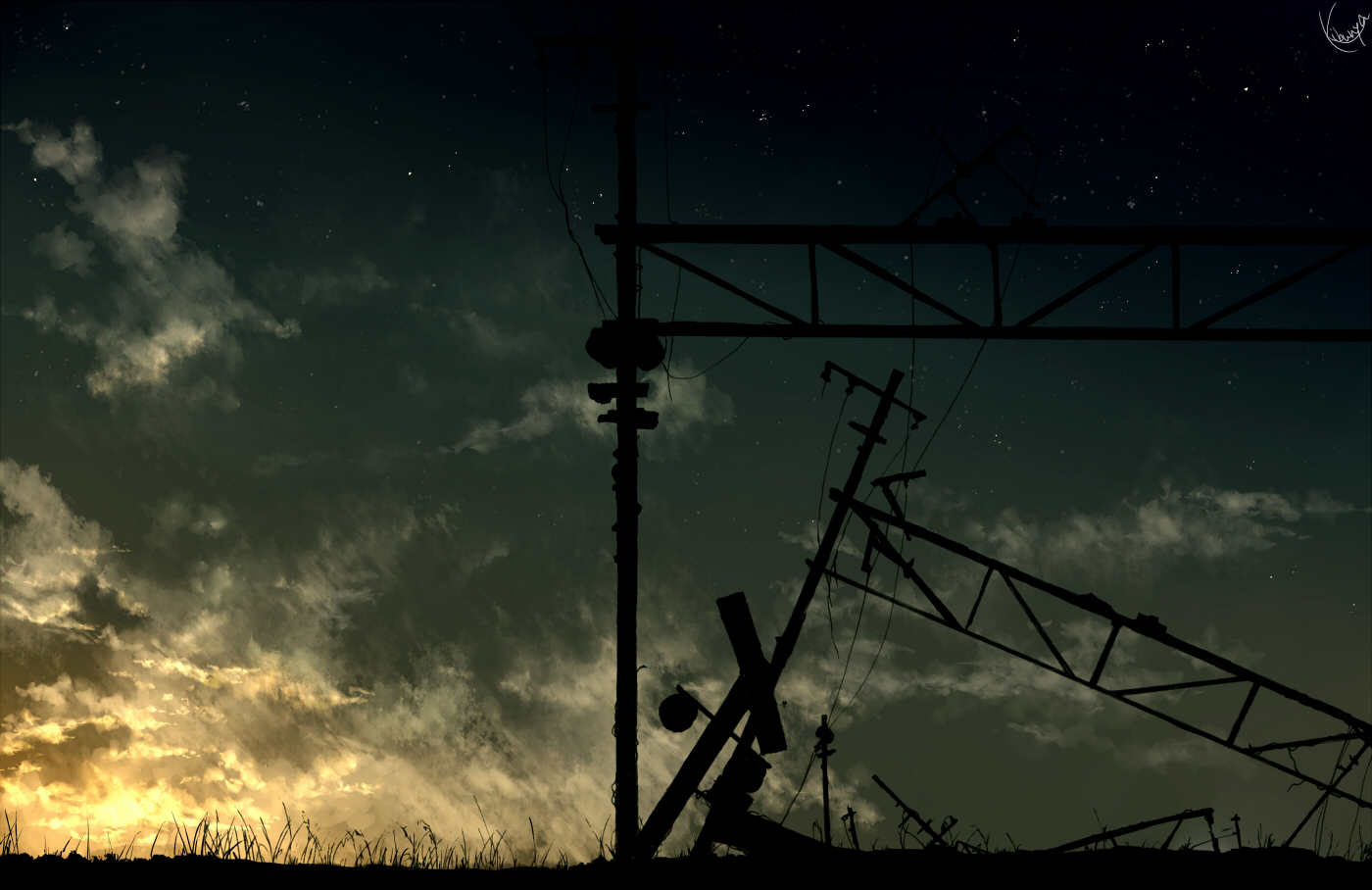 clouds, grass, kibunya_39, no_humans, original, scenic, signed, silhouette