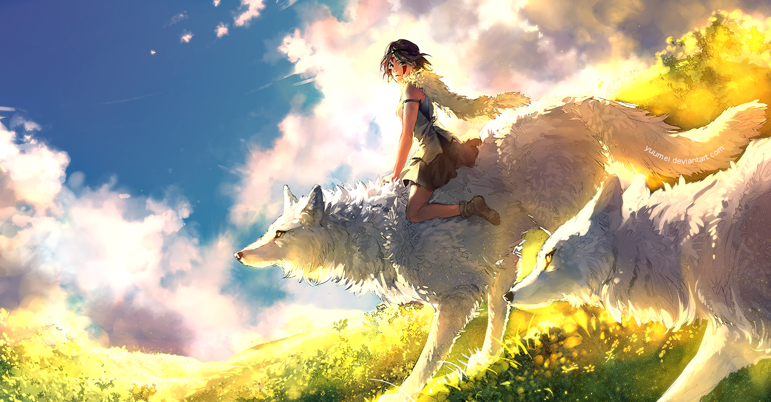 animal, black_hair, clouds, grass, mononoke_hime, san, short_hair, sky, tattoo, watermark, wenqing_yan_(yuumei_art), wolf