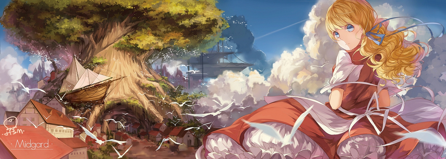 animal, bird, blonde_hair, blue_eyes, boat, building, clouds, dress, dualscreen, long_hair, original, ribbons, signed, tree, xiao_zhangyu