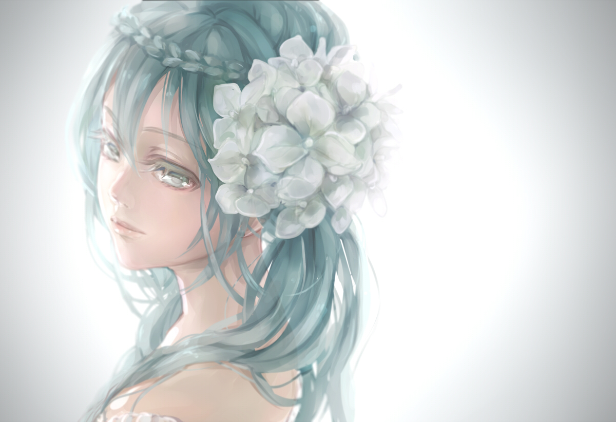 aqua_eyes, aqua_hair, close, flowers, gray, hatsune_miku, long_hair, twintails, vocaloid, yamano_uzura