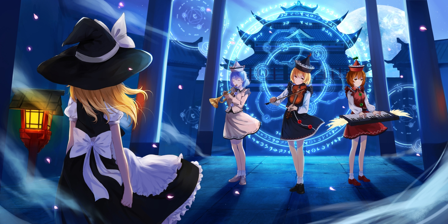 group, instrument, kirisame_marisa, lunasa_prismriver, lyrica_prismriver, magic, merlin_prismriver, samizuban