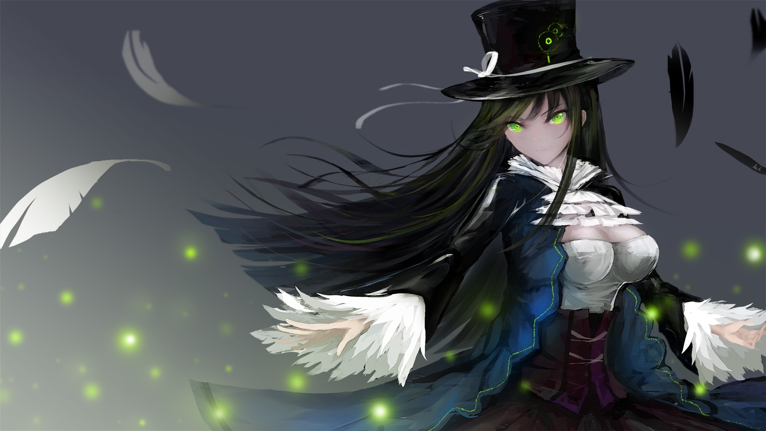black_hair, breasts, cleavage, feathers, green_eyes, hat, long_hair, mek, original
