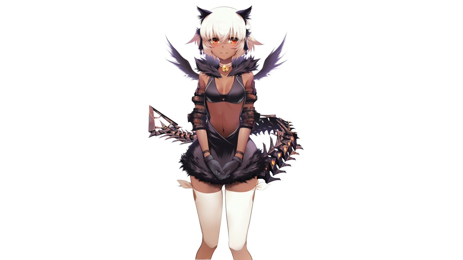 animal_ears, armor, bell, bikini_top, black_rock_shooter, blush, catgirl, collar, dark_skin, gloves, koutari_yuu, m-da_s-tarou, orange_eyes, short_hair, tail, tattoo, thighhighs, white_hair, wings