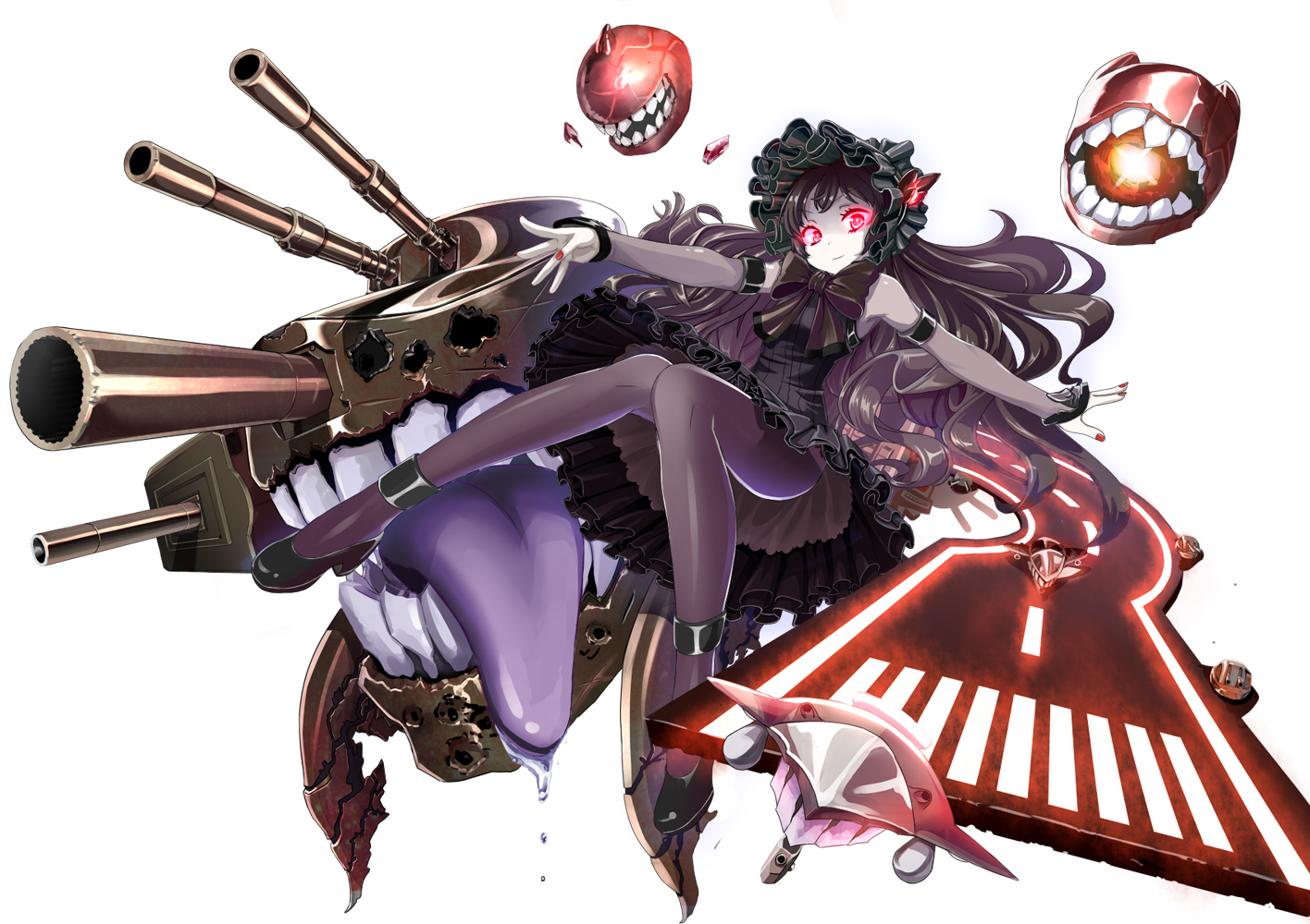 anthropomorphism, black_hair, bow, dress, elbow_gloves, gloves, goth-loli, headdress, isolated_island_oni, kantai_collection, lolita_fashion, long_hair, pantyhose, red_eyes, ribbons, sakuranoyukke, white