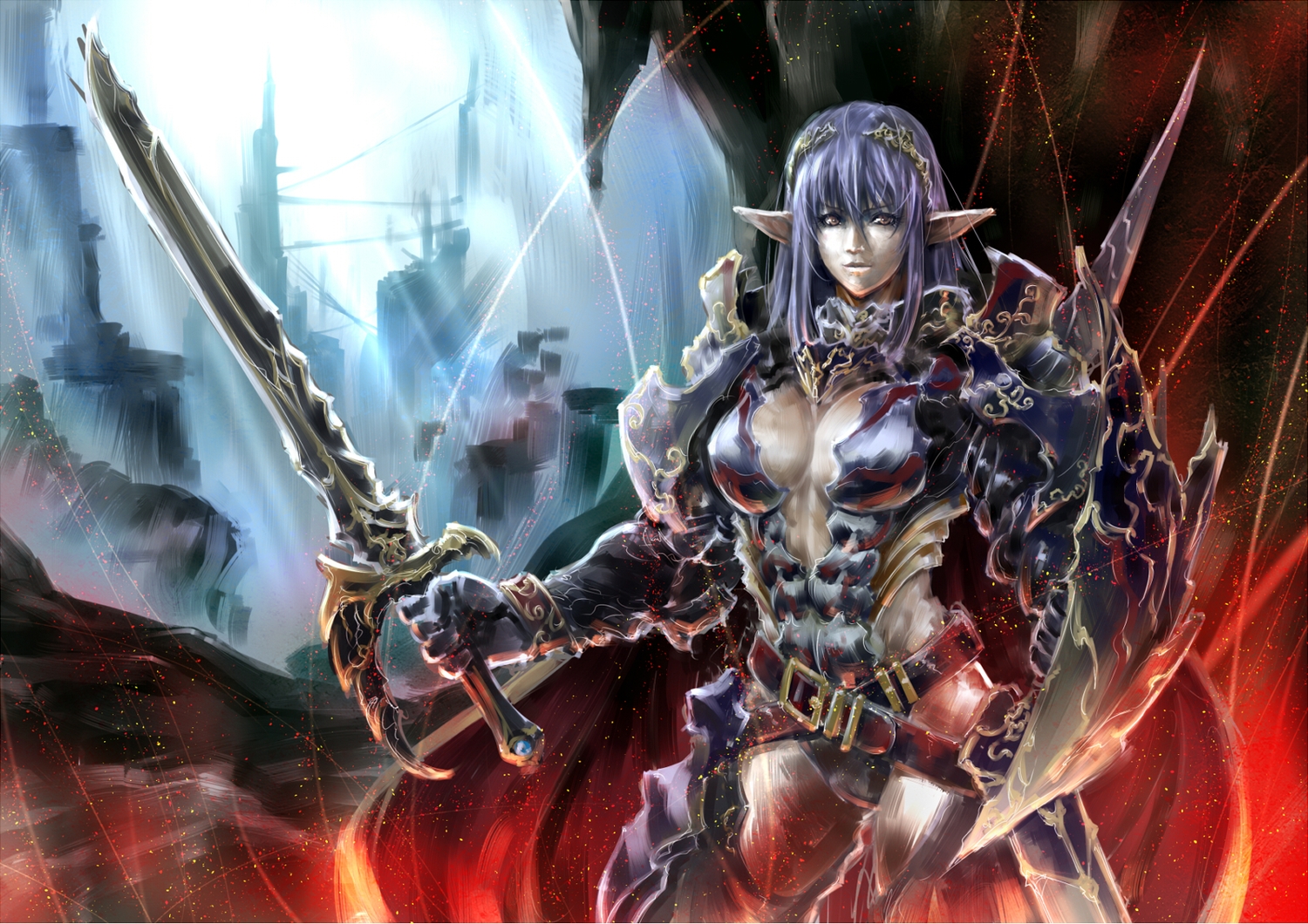 armor, original, pandaraion_(kanikani2950), pointed_ears, sword, weapon
