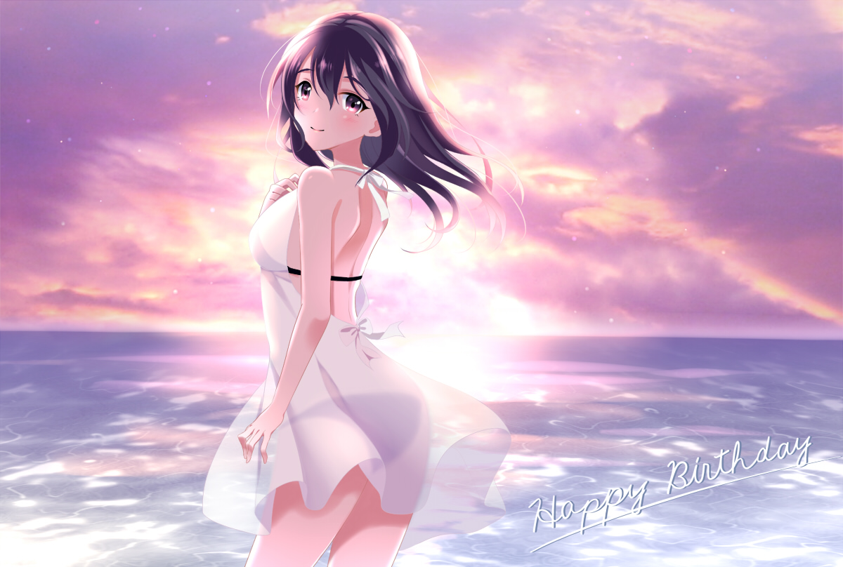 bikini, bikini_top, clouds, dress, fujiwara_hajime, idolmaster, idolmaster_cinderella_girls, kyu, see_through, sky, swimsuit, water