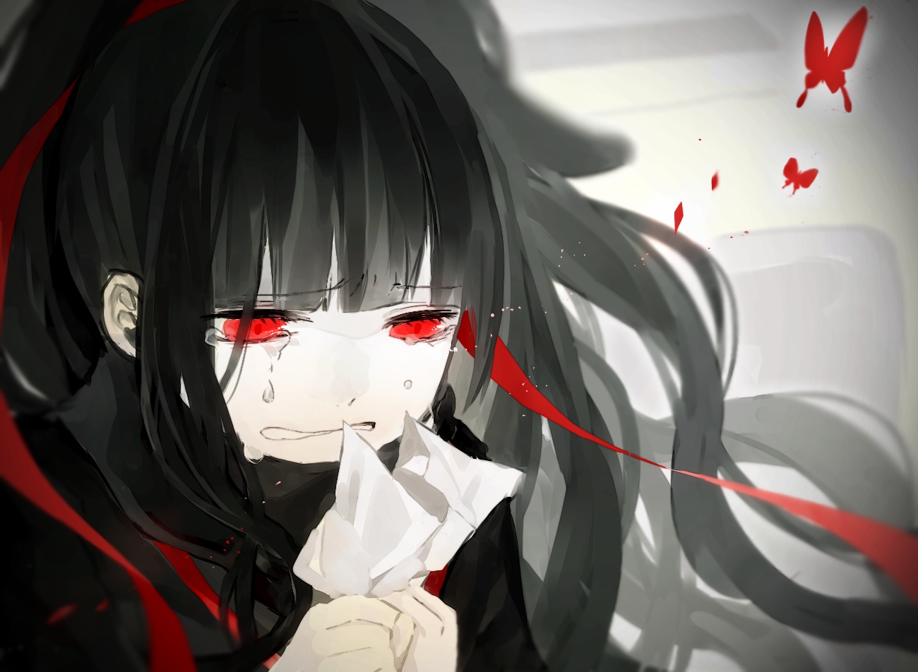 azami_(kagerou_project), black_hair, butterfly, close, crying, kagerou_project, long_hair, paper, pecchii, red_eyes, ribbons, tears