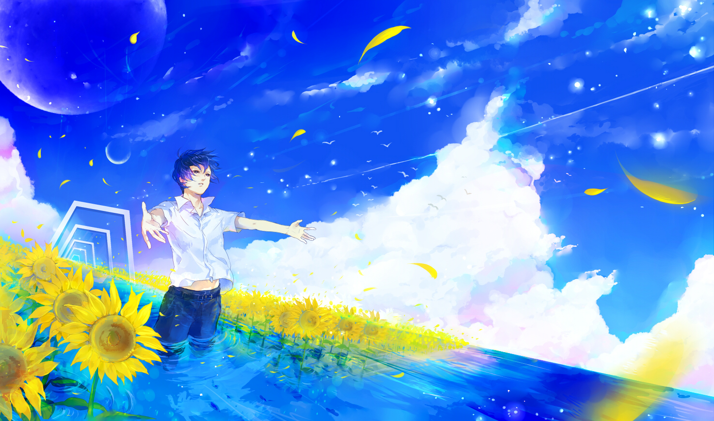 all_male, clouds, flowers, male, moon, original, petals, shiroyayoi, sky, sunflower, water