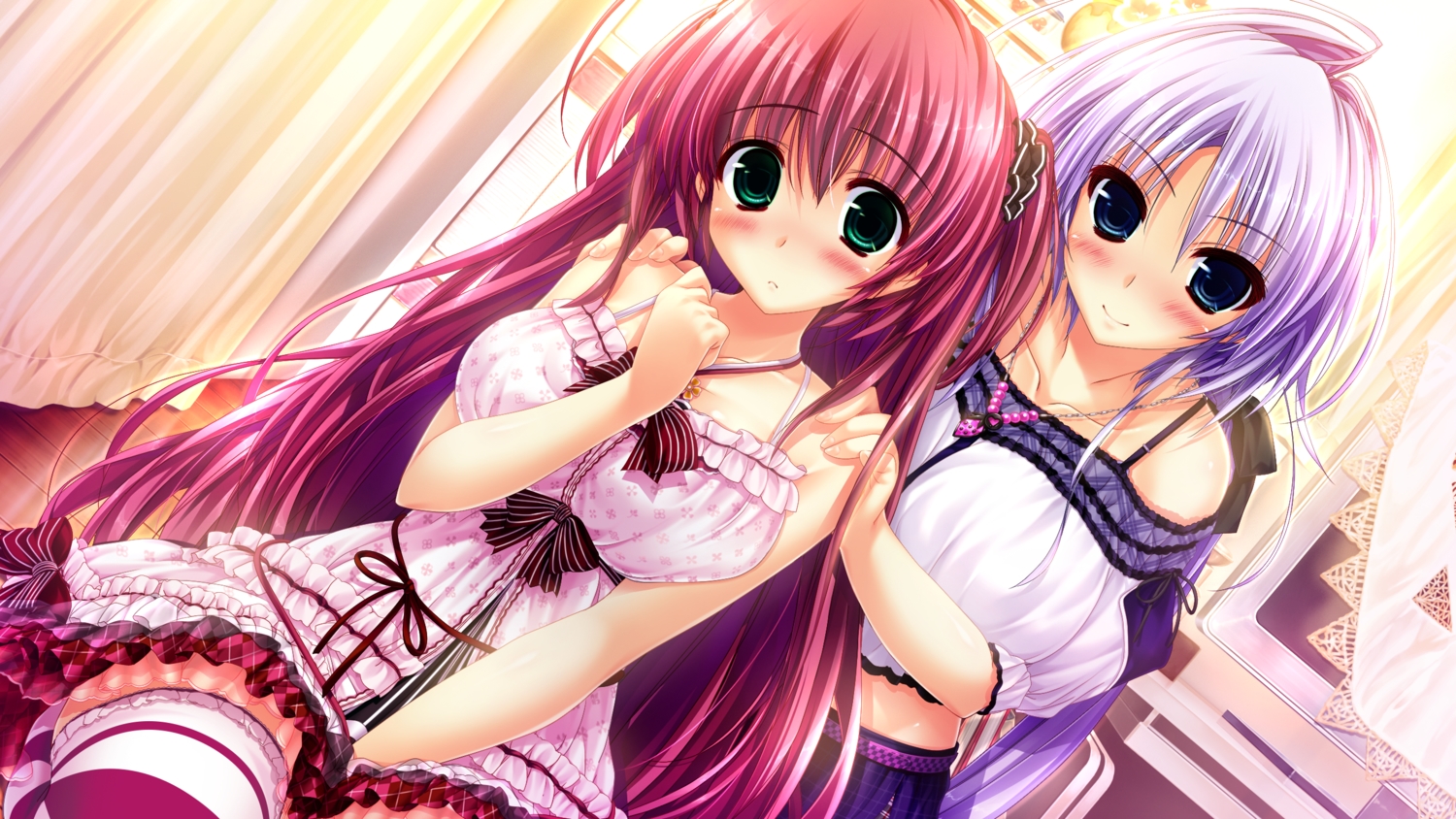 2girls, clochette, game_cg, hoshizaki_ouka, oshiki_hitoshi, sakigake_generation, yukinomiya_an'on