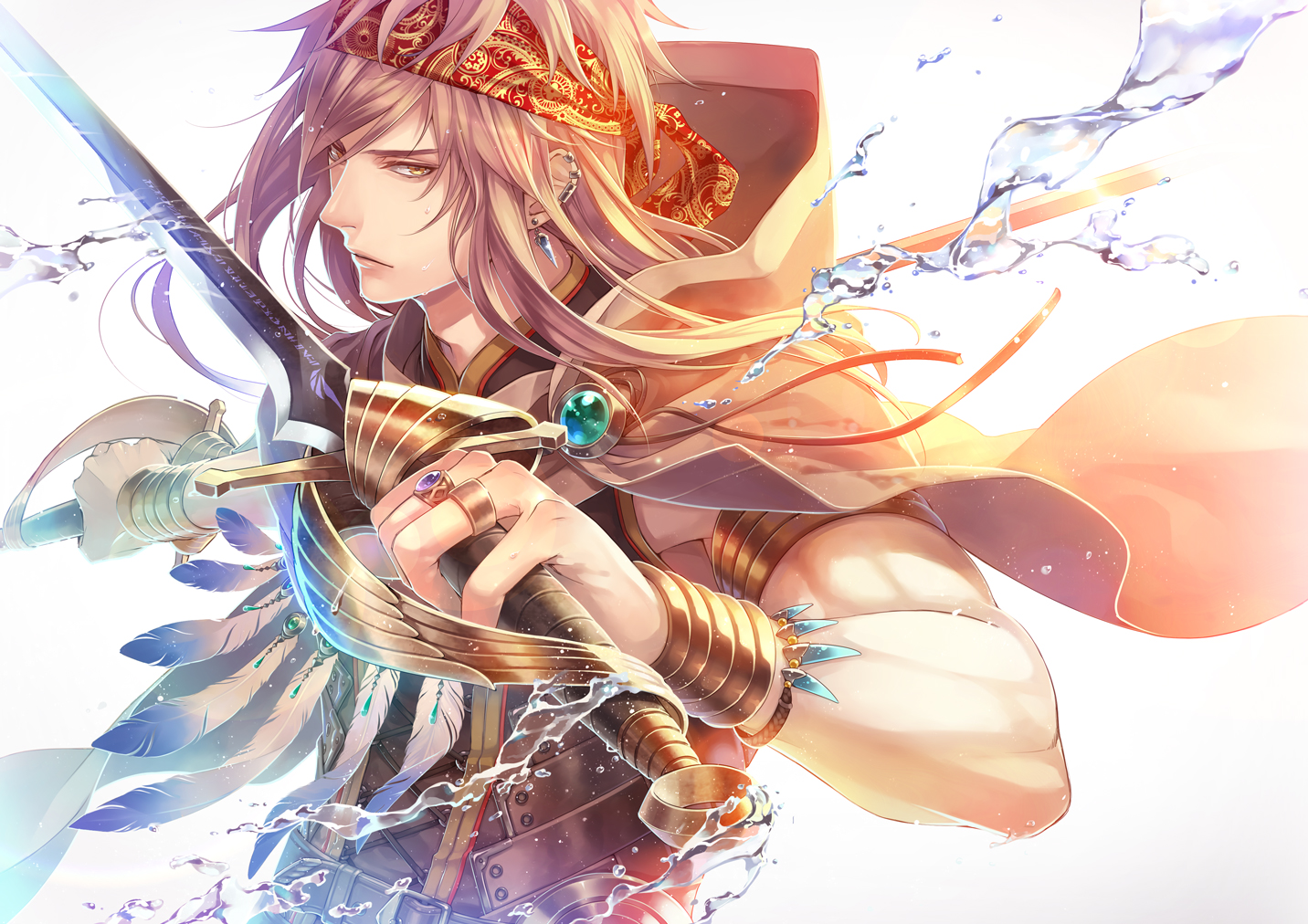 all_male, brown_eyes, brown_hair, den_(itokiitoki5022), feathers, headband, long_hair, male, original, sword, water, weapon, wristwear