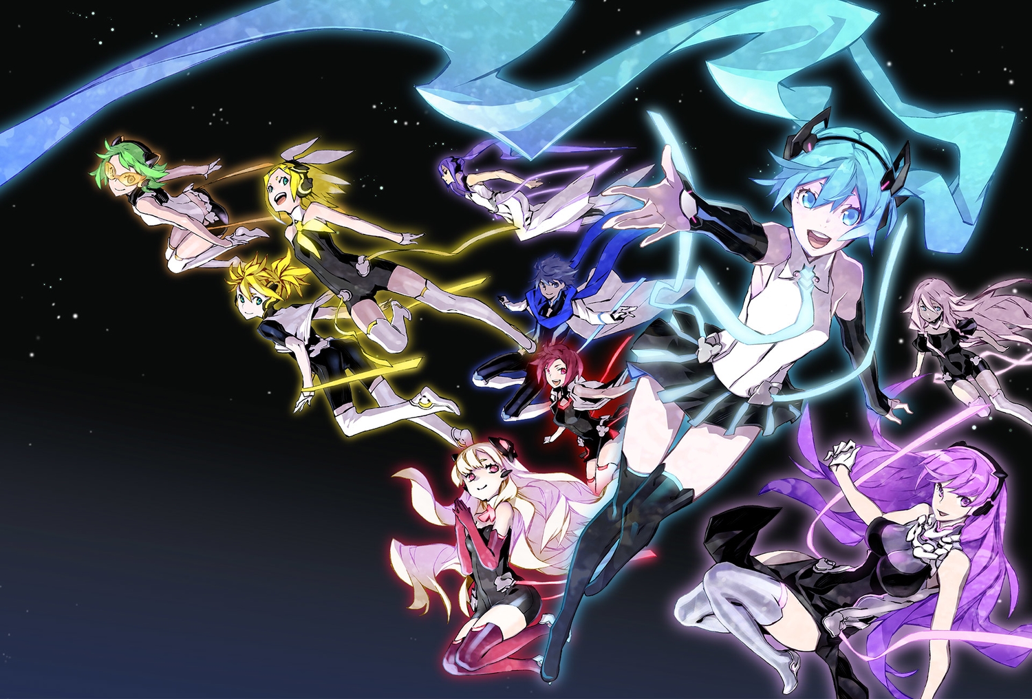 aqua_eyes, aqua_hair, blonde_hair, blue_eyes, blue_hair, bodysuit, cape, elbow_gloves