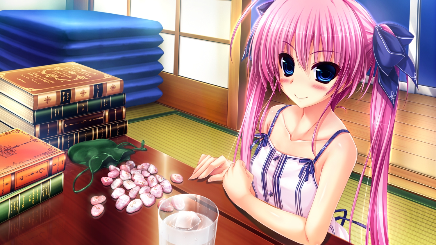 benifuji_yuria, blue_eyes, book, clochette, drink, game_cg, oshiki_hitoshi, pink_hair