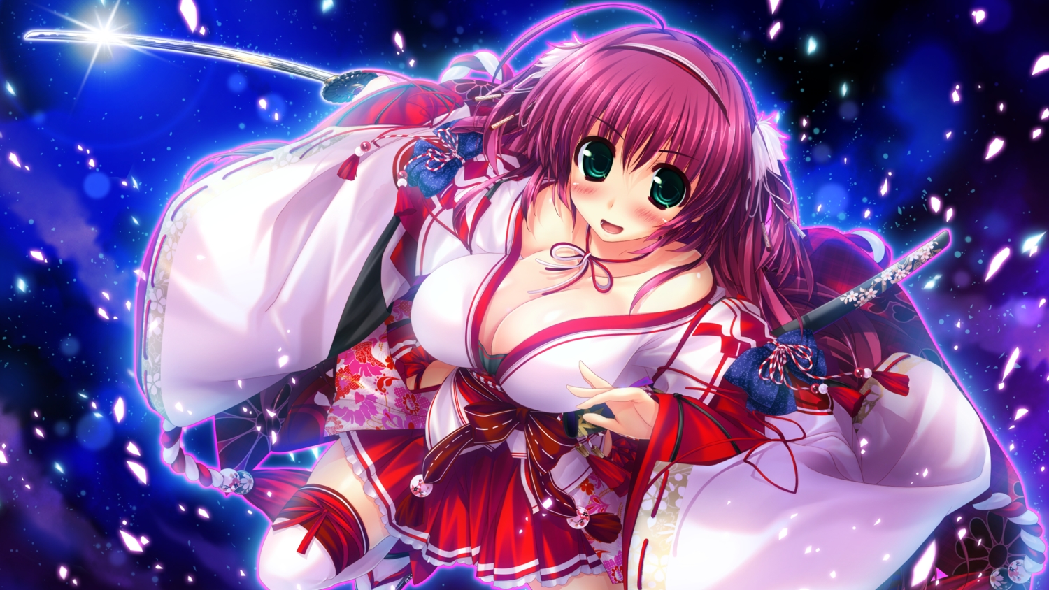 breasts, cleavage, clochette, game_cg, japanese_clothes, long_hair, oshiki_hitoshi, red_hair