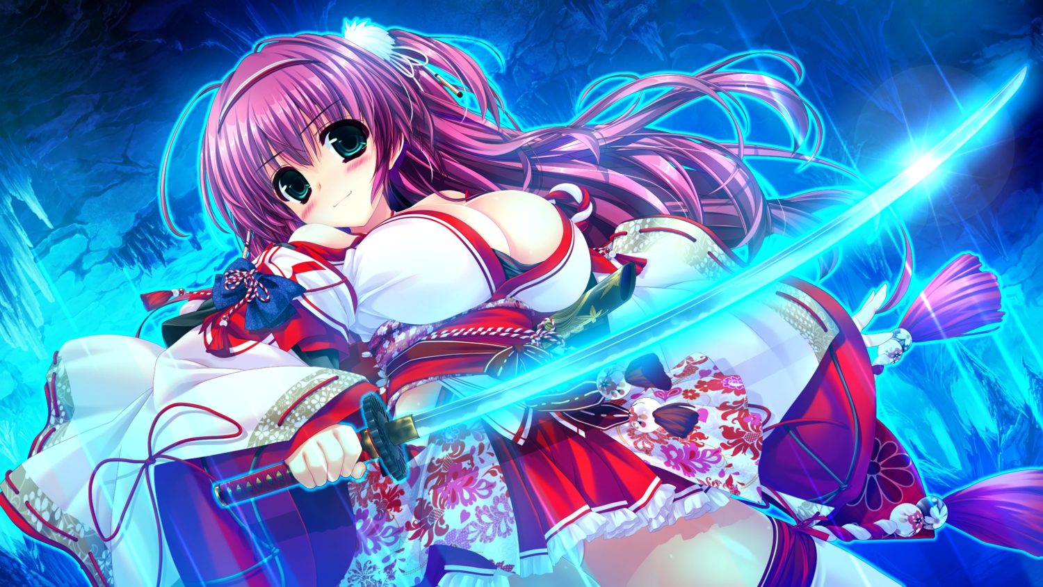 breasts, cleavage, clochette, game_cg, japanese_clothes, katana, long_hair, oshiki_hitoshi, sakigake_generation, sword, weapon, yukinomiya_an'on