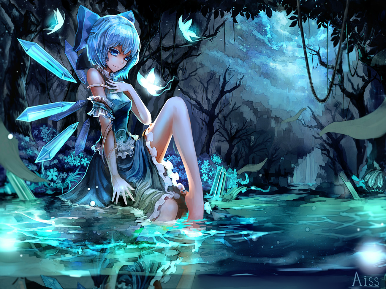 blue_eyes, blue_hair, butterfly, cirno, dress, fairy, jpeg_artifacts, kiyomasa_ren, night, short_hair, touhou, water, wings