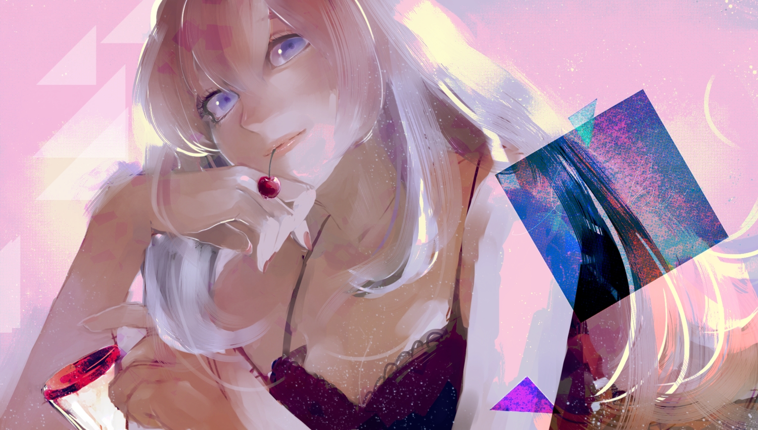 blue_eyes, cherry, food, fruit, hassan_(sink916), long_hair, megurine_luka, pink, pink_hair, vocaloid, white_hair