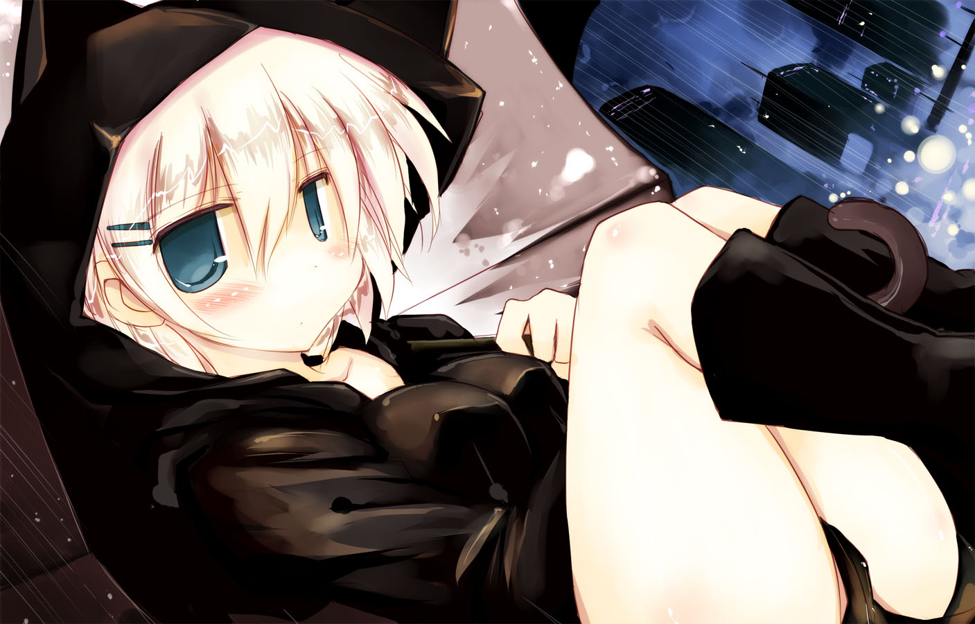 blonde_hair, blue_eyes, blush, boots, city, jpeg_artifacts, original, rain
