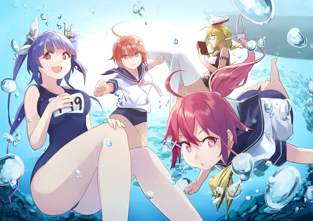anthropomorphism, bubbles, group, i-168_(kancolle), i-19_(kancolle), i-58_(kancolle), i-8_(kancolle), kantai_collection, panda_(pandadesu), school_swimsuit, swimsuit, underwater, water