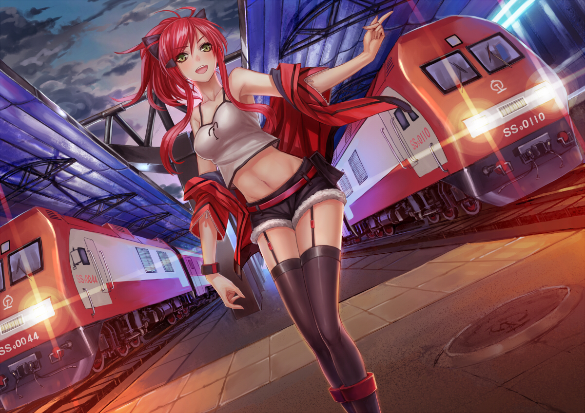 china_railway_girl, garter_belt, infukun, long_hair, navel, ponytail, red_hair, shorts, stockings, train, wristwear, yellow_eyes