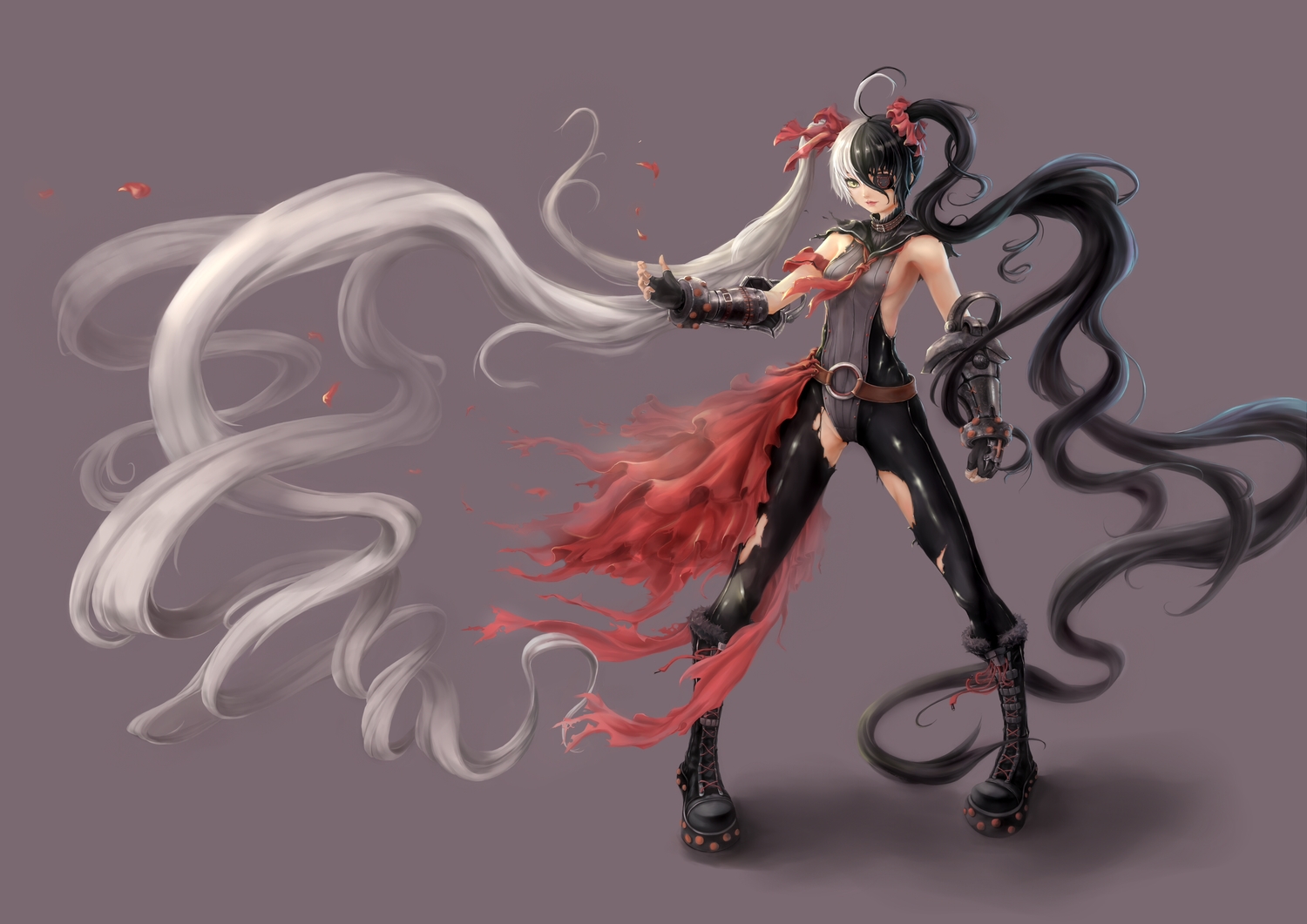 black_hair, blade_&_soul, boots, eyepatch, long_hair, po_hwa_ran, torn_clothes, twintails