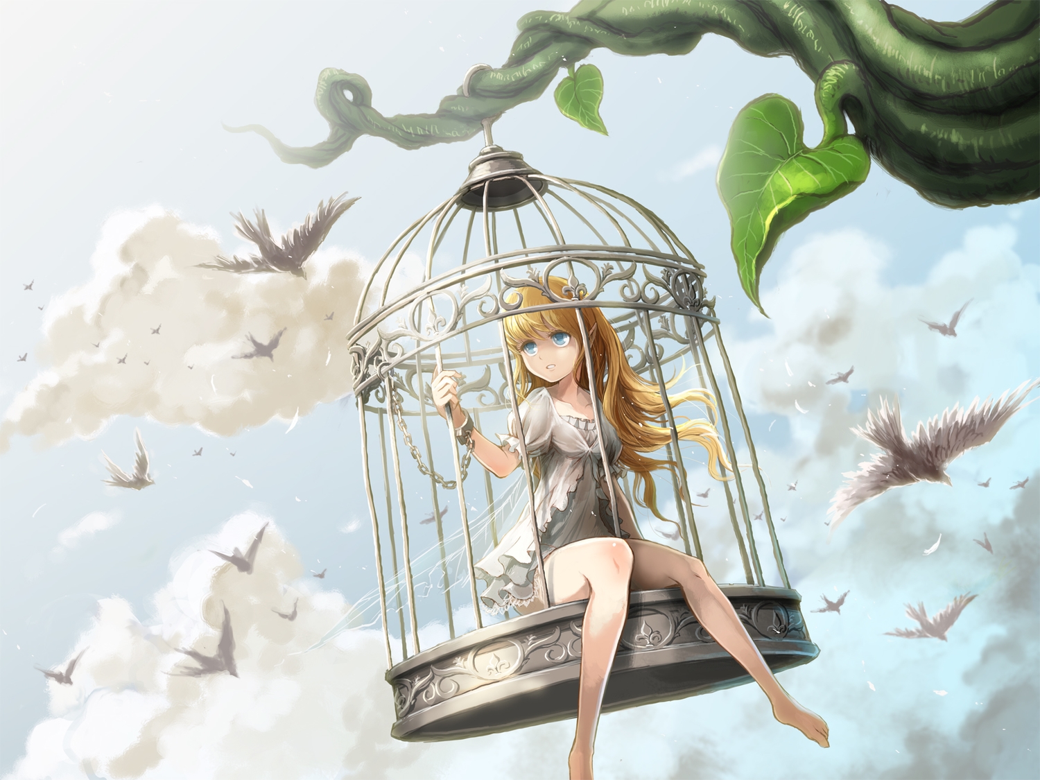 animal, barefoot, bird, blonde_hair, blue_eyes, cage, chain, clouds