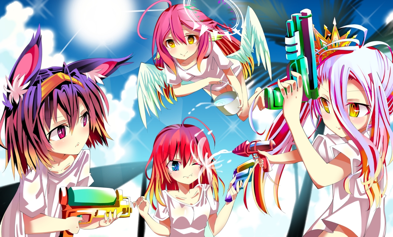 animal_ears, blue_eyes, blush, crown, feathers, group, gun, gyahu