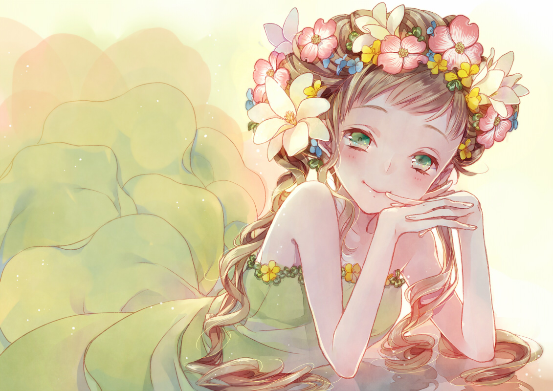 blush, brown_hair, dress, flowers, green_eyes, long_hair, mikuni_(mikunik), original